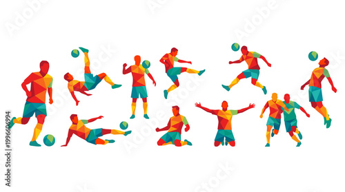 Dynamic soccer players illustration set in vibrant geometric polygonal style