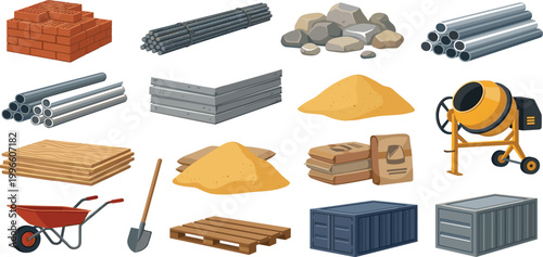 Industrial construction building materials vector icon set featuring red bricks, timber wood, concrete mixer, steel pipes, rebar, sand, gravel, shipping containers, and wheelbarrow.