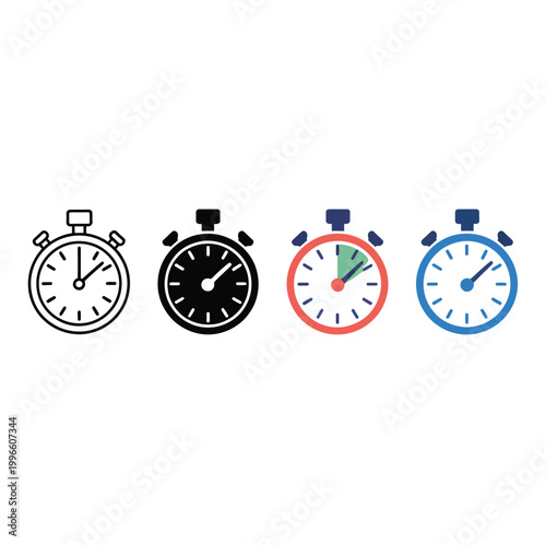 Stopwatch broom and check mark icons set representing fast cleaning service efficiency housekeeping scheduling and maintenance approval symbols