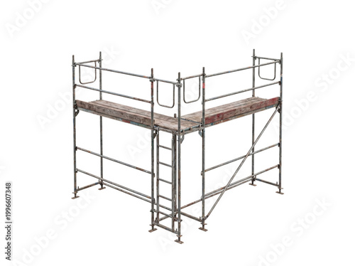 Картината върху платно Corner section of metal construction scaffolding with wooden planks, an industrial photograph on transparent background