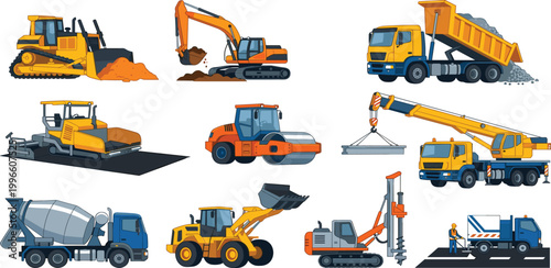 Industrial heavy construction machinery vector icon set featuring bulldozer, excavator, dump truck, asphalt paver, road roller, crane, cement mixer, and wheel loader.