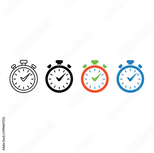 Stopwatch with broom and check mark icon collection for cleaning service speed efficiency housekeeping and timed maintenance workflow illustration