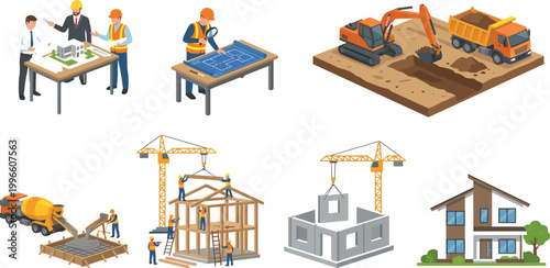 Isometric construction process vector set featuring architects planning, site excavation with heavy machinery, house building, concrete pouring, and completed modern residential home.