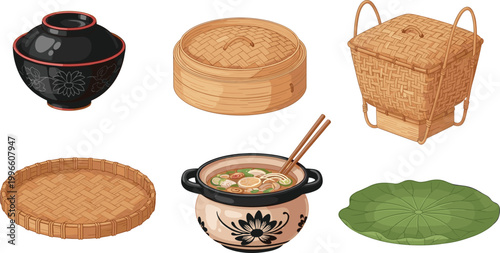 Traditional Asian Kitchenware Set, Bamboo Steamer, Soup Pot, Bamboo Basket, and Serving Platters for Cultural and Food Design Projects