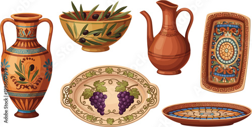 Traditional Mediterranean Ceramic Pottery and Serving Dishes with Olive and Grape Designs, Decorative Handcrafted Tableware for Cultural and Culinary Projects