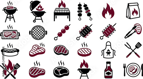 Set of BBQ Grilling Icons Including Grills, Meat, Sauces, and Cooking Tools for Outdoor Cooking and Barbecue Designs