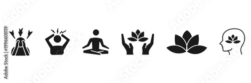 Mental Health and Wellness Flat Icon Set – Therapy, Meditation, Self Care, Stress Relief, Psychology Icons