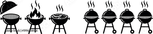 Set of BBQ Grills and Cooking Icons for Outdoor Cooking, Barbecue, and Grilling Designs