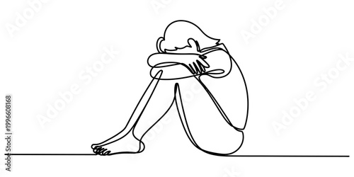 Sad lonely woman sitting and hugging her knees in a depressed pose drawn with a single continuous black line art style illustration Vector, illustration