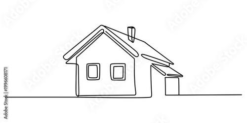 Simple house drawing made with one continuous black line showing a home building with a roof and a chimney in a minimalist style Vector, illustration