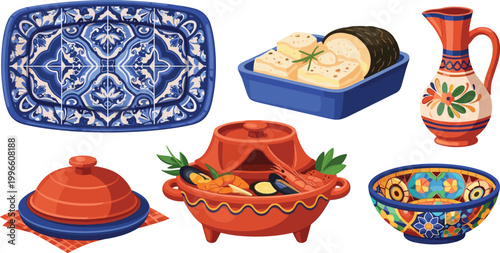 Traditional Mediterranean Kitchenware, Colorful Serving Dishes, Ceramic Plates, and Jugs with Decorative Patterns for Culinary and Home Decor
