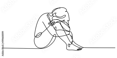 Sad person sitting alone in a fetal position drawn with a single continuous black line representing mental health and deep emotional pain Vector, illustration