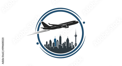Airplane flying over city skyline.