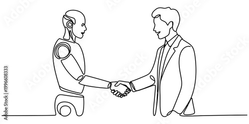 Continuous single line drawing of a robot shaking hands with a businessman representing artificial intelligence and human partnership Vector, illustration