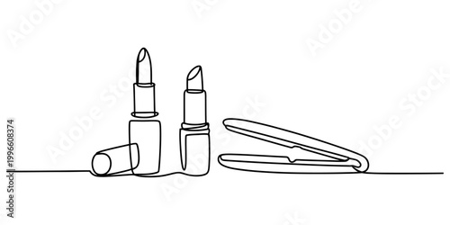 Continuous single line drawing of two lipsticks and a hair straightener beauty tools for makeup and hair styling fashion concept Vector, illustration