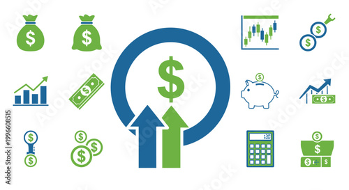 Green and blue finance growth icons.