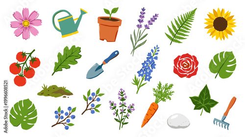 Collection of garden elements and plants including flowers, vegetables, leaves, and gardening tools for spring and summer illustration