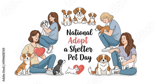 A heartwarming vector illustration promoting Adopt a Shelter Pet Day features three smiling women holding and surrounded by various cute rescue pets against a clean white background