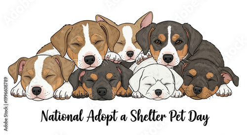 Illustrative vector graphic for Adopt a Shelter Pet Day featuring a group of adorable sleeping puppies huddled together on a white background, designed with a heartwarming and compassionate