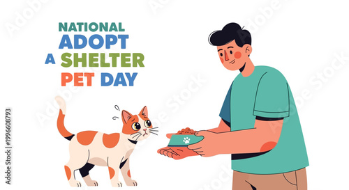 Illustrated design promoting Adopt a Shelter Pet Day featuring a man offering food to a cute, orange and white cat against a clean, white background, conveying a message of compassion