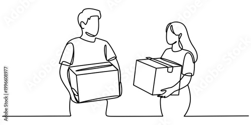 Man and woman carrying cardboard boxes in a continuous single line drawing style representing delivery service or moving house concept Vector, illustration