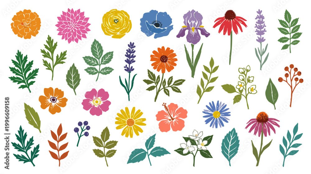 Naklejka premium Diverse collection of colorful hand-drawn flowers and leaves in a variety of shapes and sizes on a white background