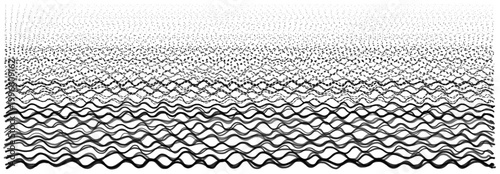 Abstract quantum interference pattern visualization, wavy black lines and particle data on white