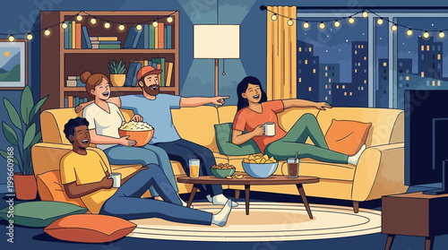 Tableau sur toile Modern Flat Vector of Friends Hanging Out Snack Party at Night