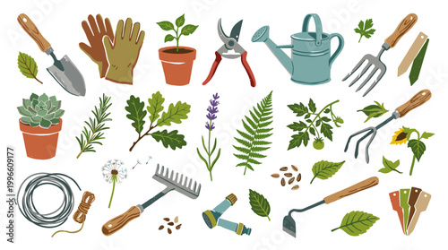 Gardening tools and plants collection for spring planting and garden care illustration
