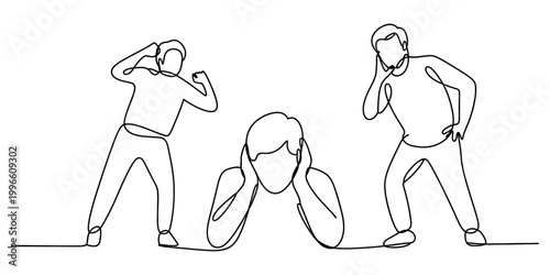 Continuous line drawing of a person covering ears while two other people are shouting and making loud noise around them Vector, illustration