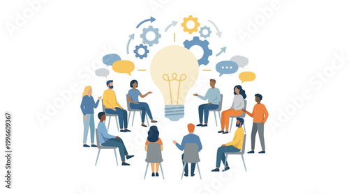 People sitting around a lightbulb with ideas and gears floating above