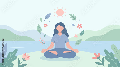 A woman practices meditation in a serene natural setting with flowers and sun.