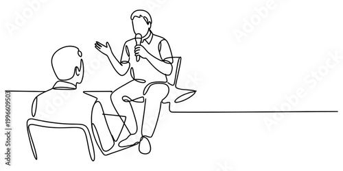Continuous single line drawing of a person talking into a microphone during an interview with another person sitting in a chair Vector, illustration