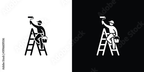 Black and white of a painter on a ladder, with reversed color schemes painting worker construction
