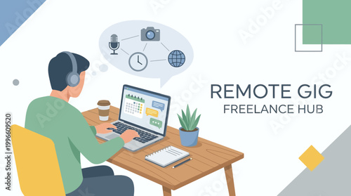 Freelancer working remotely on laptop at home office desk with coffee