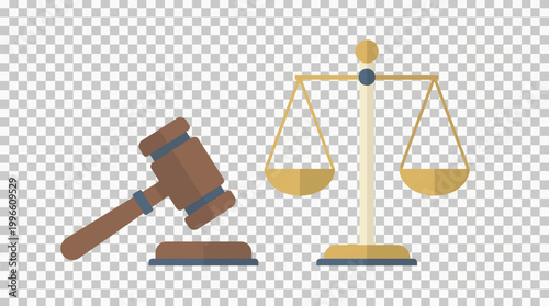 A gavel lies next to a balance scale on a flat surface indoors.