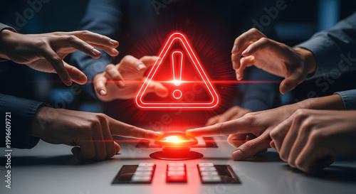 People point at glowing warning sign on keyboard