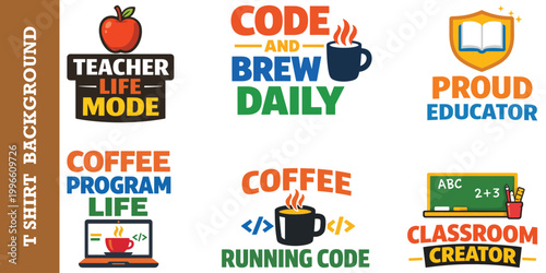 Teacher and coder t-shirt design collection set with coffee mugs and education related art.