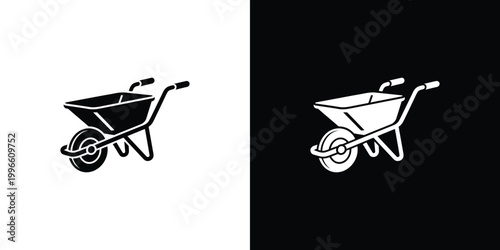 Black and white wheelbarrow silhouettes on contrasting backgrounds construction tool