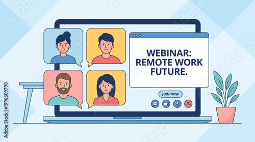 People attend remote work webinar on laptop in office