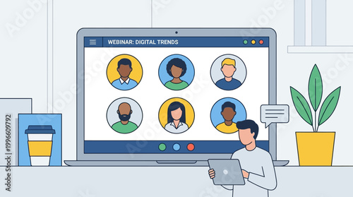 A man attends an online meeting on his laptop with diverse people on screen