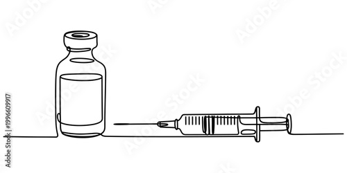Continuous single line drawing of a medical vaccine vial and a syringe for injection health care and hospital immunization concept Vector, illustration