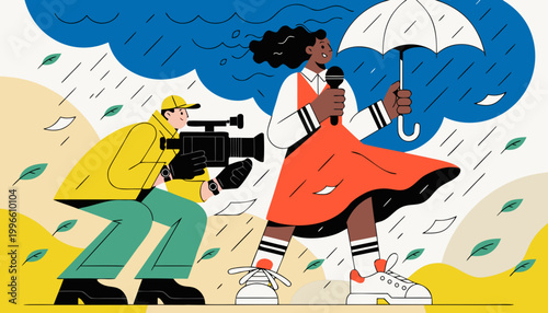 Cartoon weather forecast reporter holding an umbrella while being filmed by a cameraman in a yellow raincoat, with a stormy background featuring rain and wind elements