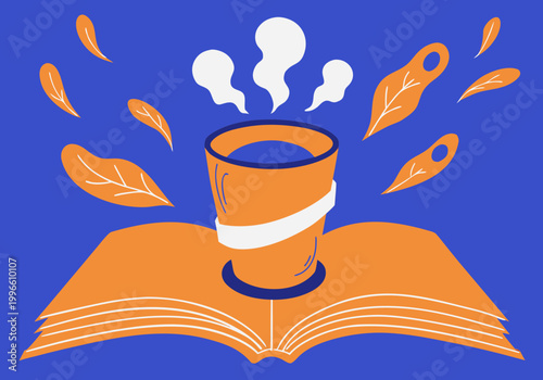 Open book with a steaming cup of coffee placed on top, surrounded by floating leaves, against a vibrant blue background, creating a cozy reading atmosphere to celebrate World Book and Copyright Day
