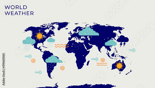 World map illustration with weather icons overlay depicting sun, rain, and clouds, showcasing global weather patterns across various regions and continents