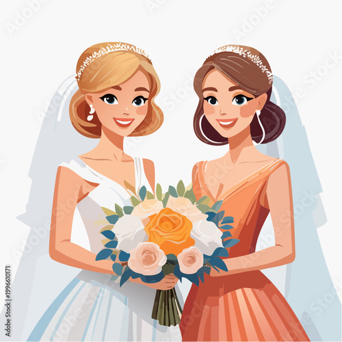 Two brides in elegant dresses holding a bouquet together, one in white and the other in orange, both wearing veils and smiling, set against a simple background