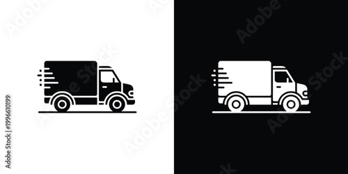 Delivery truck black and white, side view, on white and black backgrounds transportation vehicle