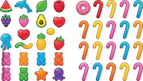 Set of Colorful Candy, Fruit, and Jelly Treats Vector Icons for Sweet Design, Food, and Dessert Projects