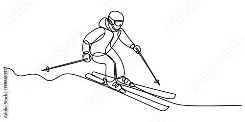 Continuous single line drawing of a person skiing on a mountain slope during a fun winter sports activity in the cold snow outdoors Vector, illustration