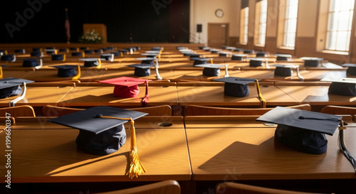 Graduation caps on wooden desks in classroom